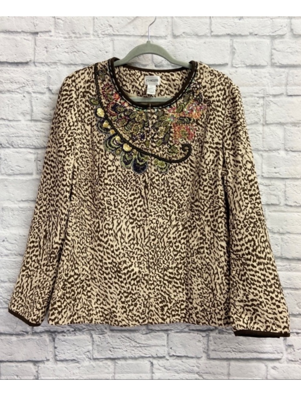 Chicos Lightweight Jacket Size 2 (L) Long Sleeve Hook & Loop Animal Print Sequin